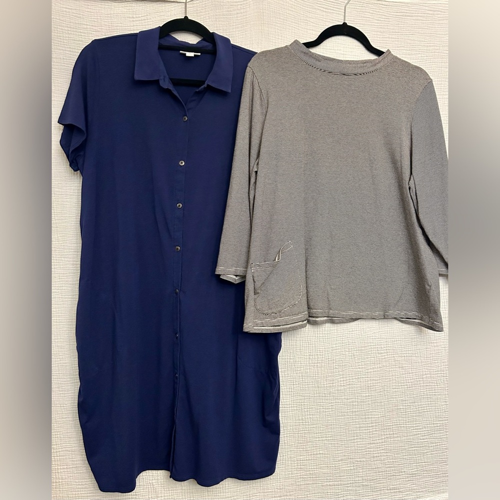 J Jill sz L Large Navy Pima Dress & Black & White Striped Pure Jill Top